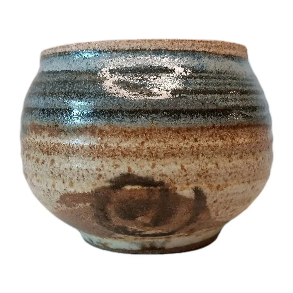 Sherwood Pottery Blue Lidded Jar Brown Swirl Jam Jar Or Trinket Box 3.5